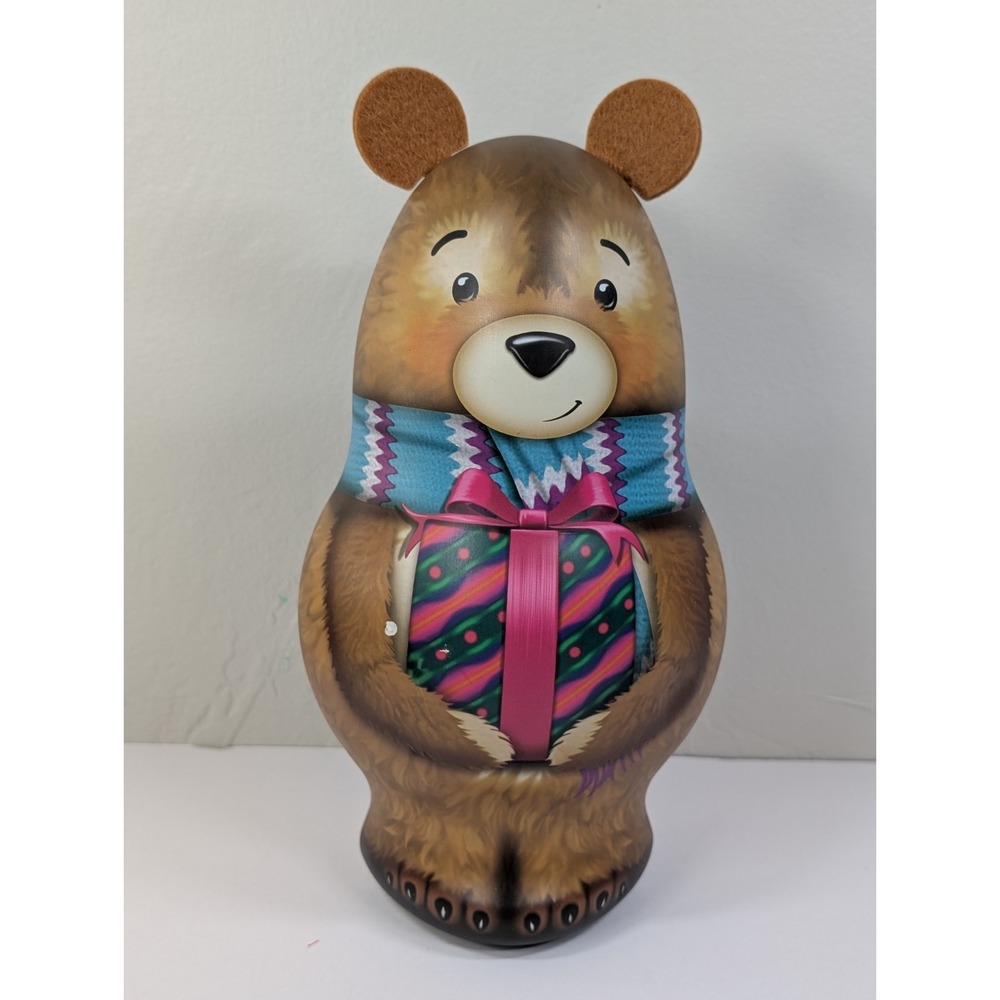 Russell Stover Christmas Teddy‎ Bear Tin Scarf Metal Gift Box Holiday Decor 10in